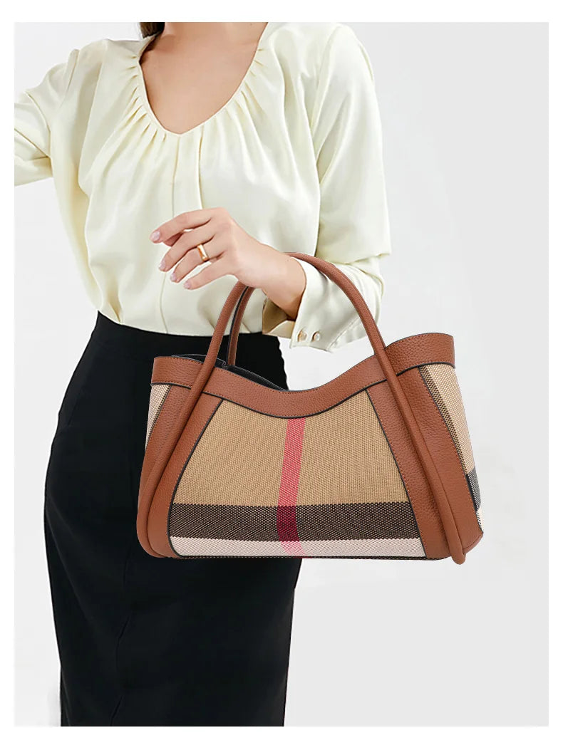 Retro Checkered Large Capacity Canvas And Leather Handbag for Women