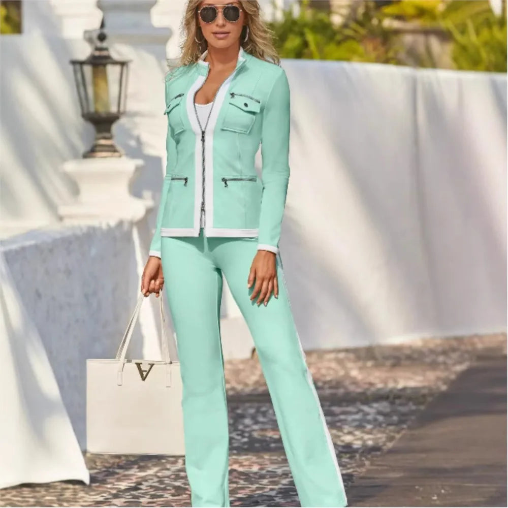Casual Slim Fit Zipper Top And Sport Pants Set for Women