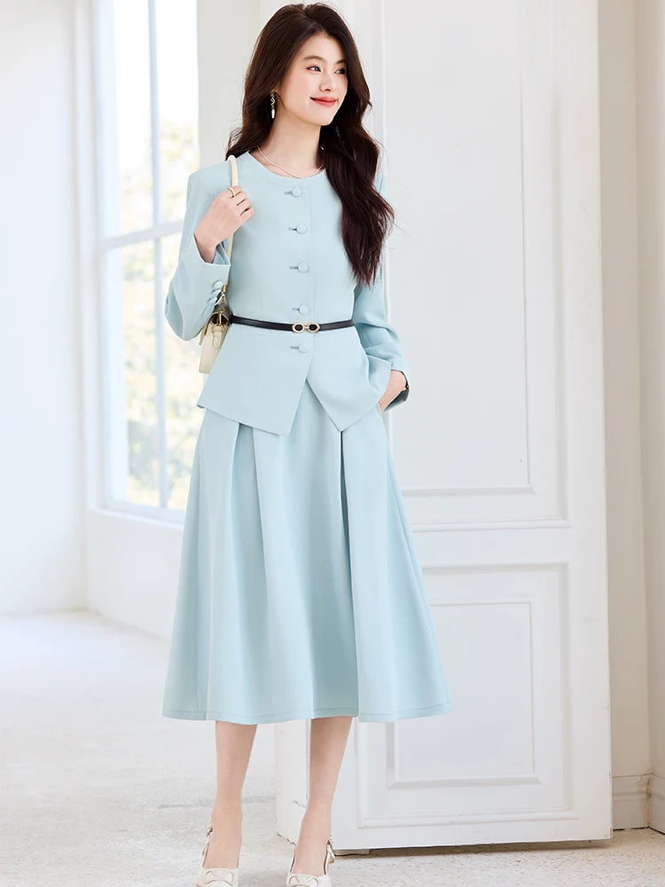 Fashion Women Formal Blazer Skirt Suit Ladies Blue Apricot Black Female Business Work Wear Two Piece Set For Autumn Winter