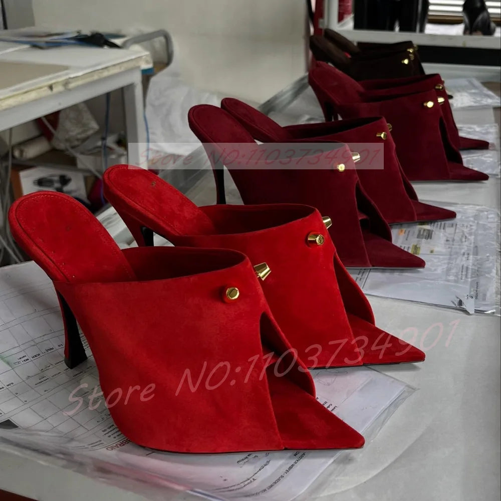 Red Suede Pointed Toe Rivet High Heel Mules for Women