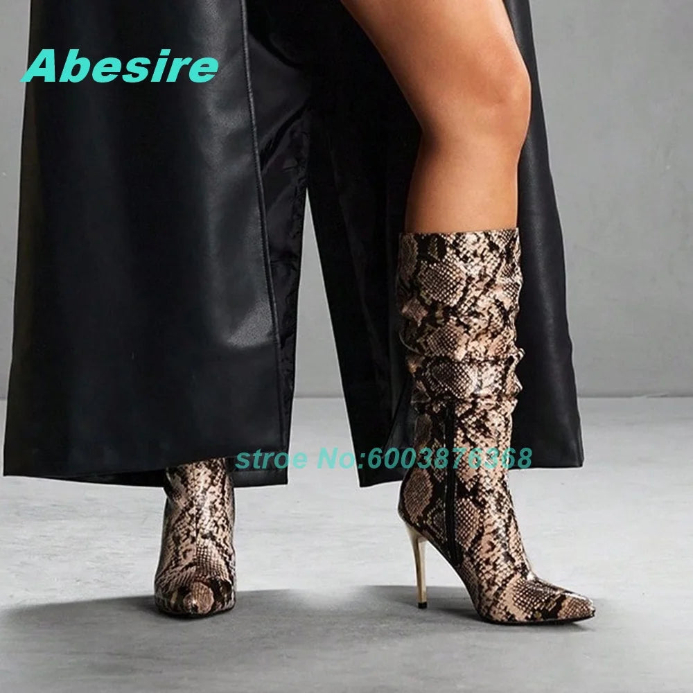 Snake-Pattern Pleated Patchwork Knee High Boots Pointed Toe Thin Heels Back Zipper Shoes for Women Spicy Girls Retro Shoes New