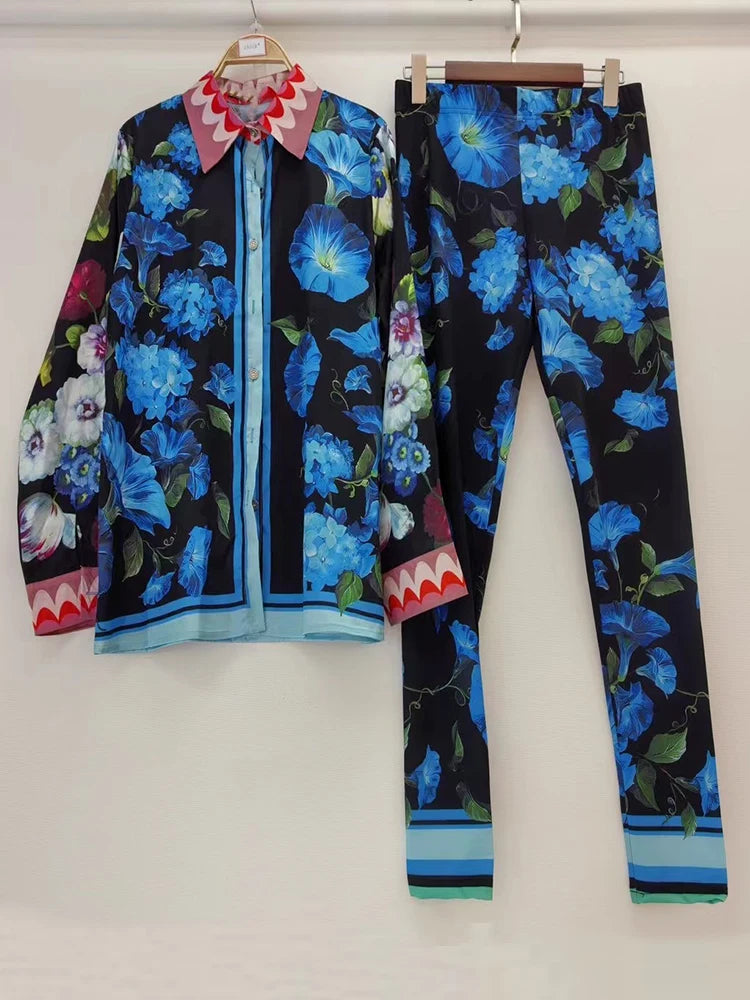 Retro Print Lapel Shirt Two Piece Suit