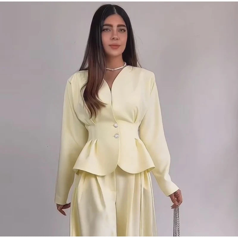 V-Neck Ruffle Coat and Wide Leg Pants Two-Piece Set for Women