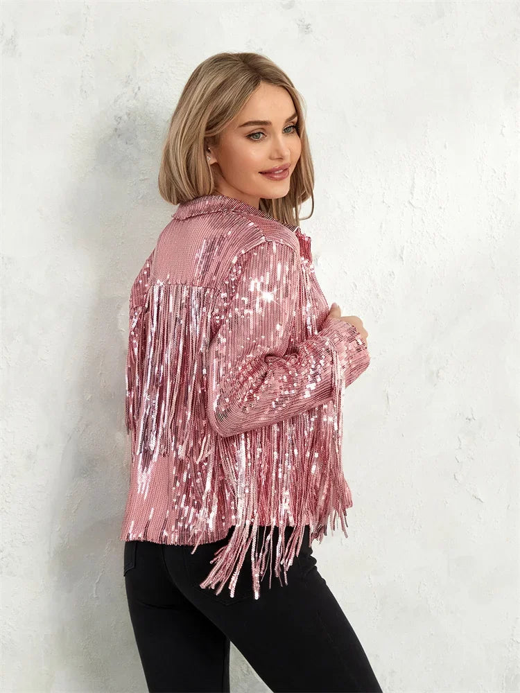 Glam Eighties Inspired Sequin Tassel Lapel Open Front Jacket for Women