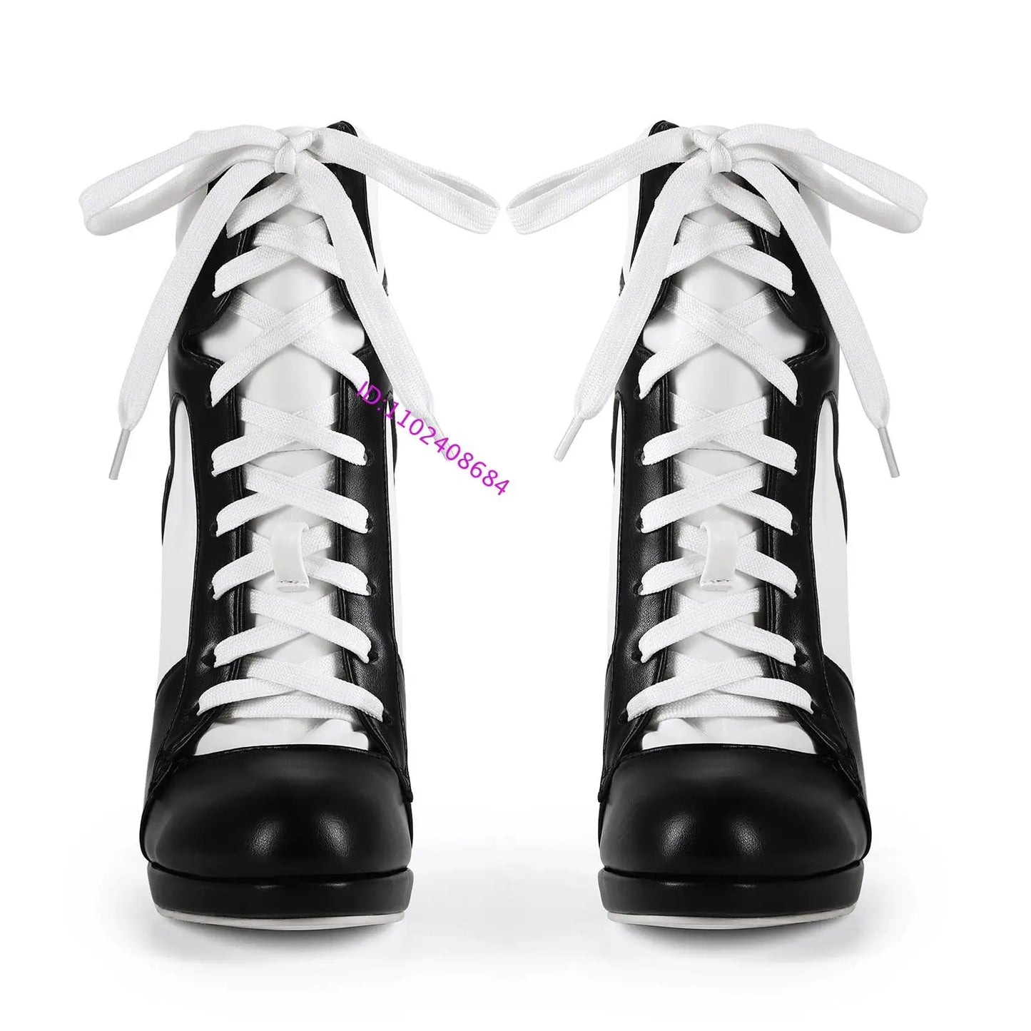Plus Size Black White Lace-Up Stiletto Mid-Calf Boots For Women