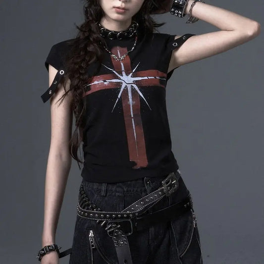 Vintage Street Hip Hop Dark Gothic  Cross Print Shirt Texture Round Neck Slim T-shirt Women's Summer Fashion Slim Girl Y2K Top