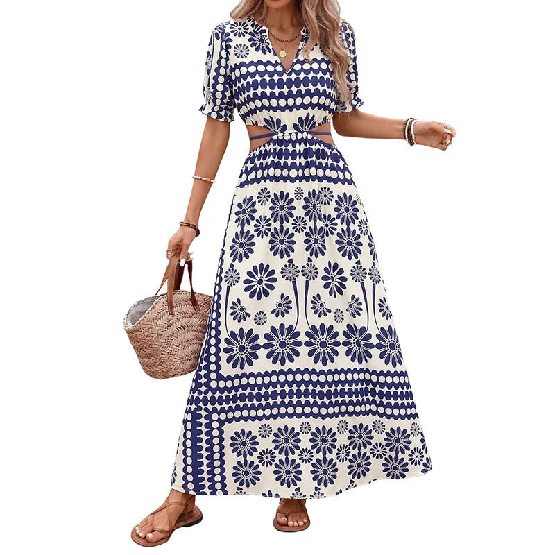 Elegant Retro Print High Waist Hollow Out Midi Dress for Women
