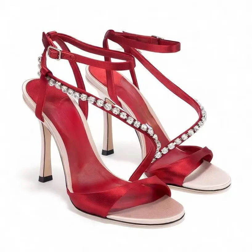 Red Satin Rhinestone Strappy Heels
