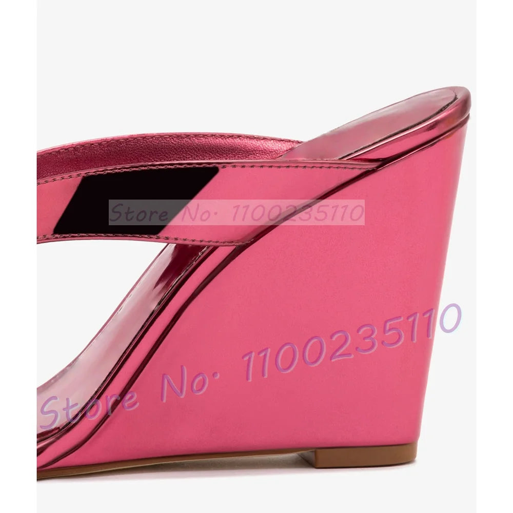 Glossy Patent Leather Thong Mules With Wedge Heel For Women