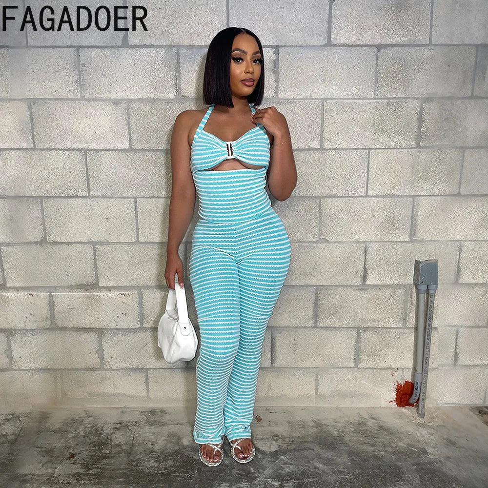 FAGADOER Sexy Stripe Patchwork Two Piece Outfits Woman Halter Backless Tank Top + Skinny Pants Suits Female Streetwear Clothing