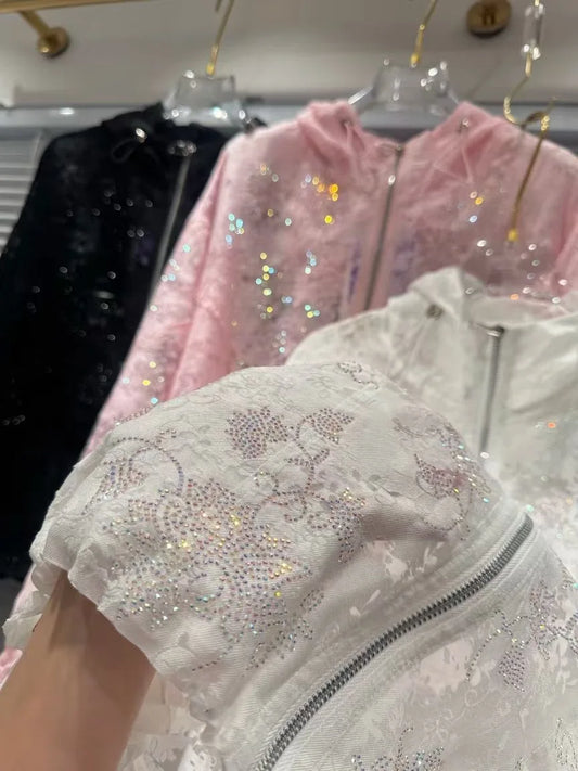 Zip Up Hooded Blouse With Sequined Embroidery For Spring And Summer Casual Korean Style Top