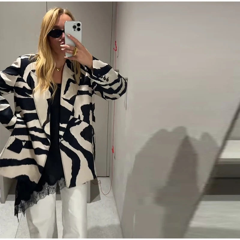 Oversized Zebra Print Long Sleeve Blazer for Women