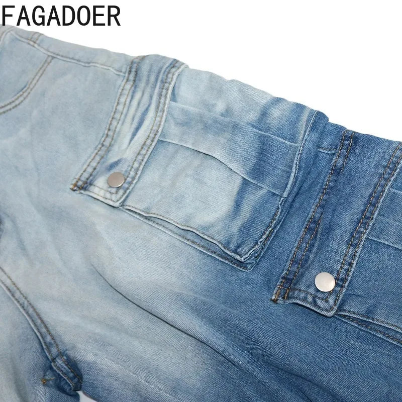 FAGADOER Fashion Gradient Denim Wide Leg Pants Women Summer New Cargo Pocket Patchwork Pants Female Streetwear Bottoms 2025