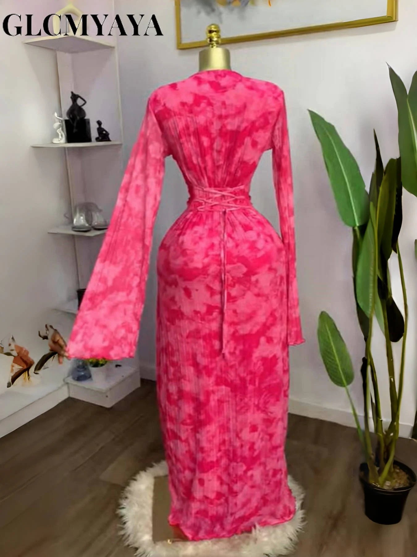 CM.YAYA Women Tie Dye Lace Up Back with Scarf Bodycon Midi Long Sleeve Pleated Maxi Dress Party Education Vacation Long Dresses