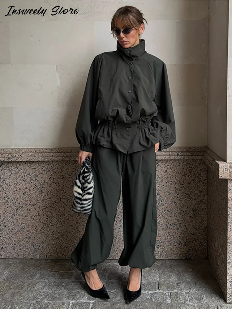Ruffle Hem Jacket and Jogger Pants Two Piece Set for Women
