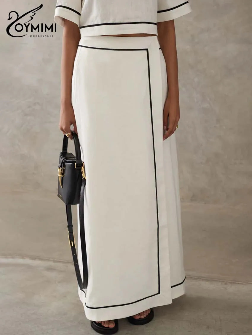 Oymimi Fashion White Cotton Two Piece Outfits Woman Elegant O-Neck Patchwork Short Sleeve Open Back Tops And Straight Skirts Set