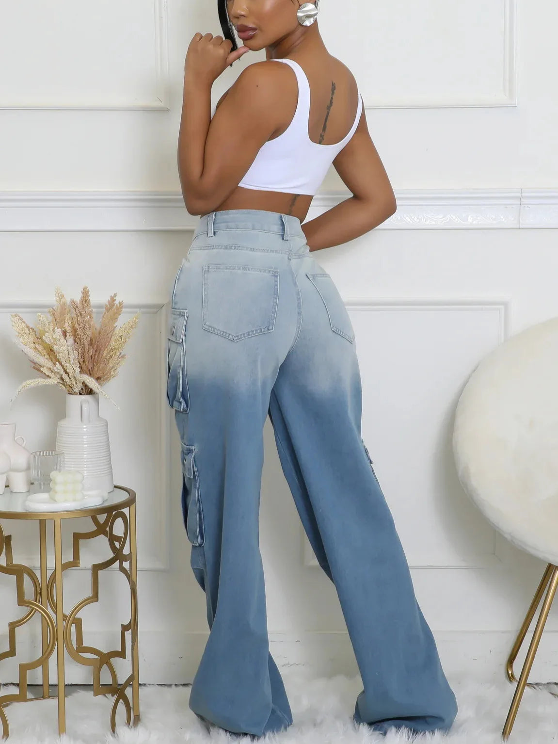 FAGADOER Fashion Gradient Denim Wide Leg Pants Women Summer New Cargo Pocket Patchwork Pants Female Streetwear Bottoms 2025