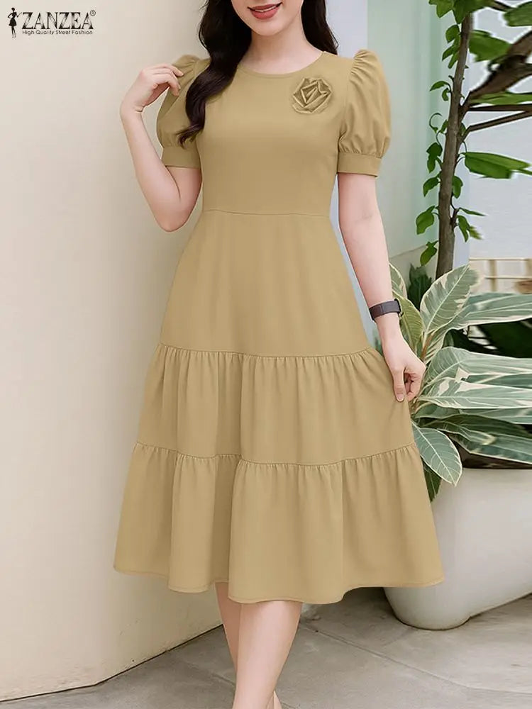 Tiered Puff Sleeve Midi Dress