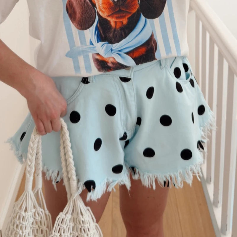 Frill Fringe Design Polka Dot Print Shorts for Women