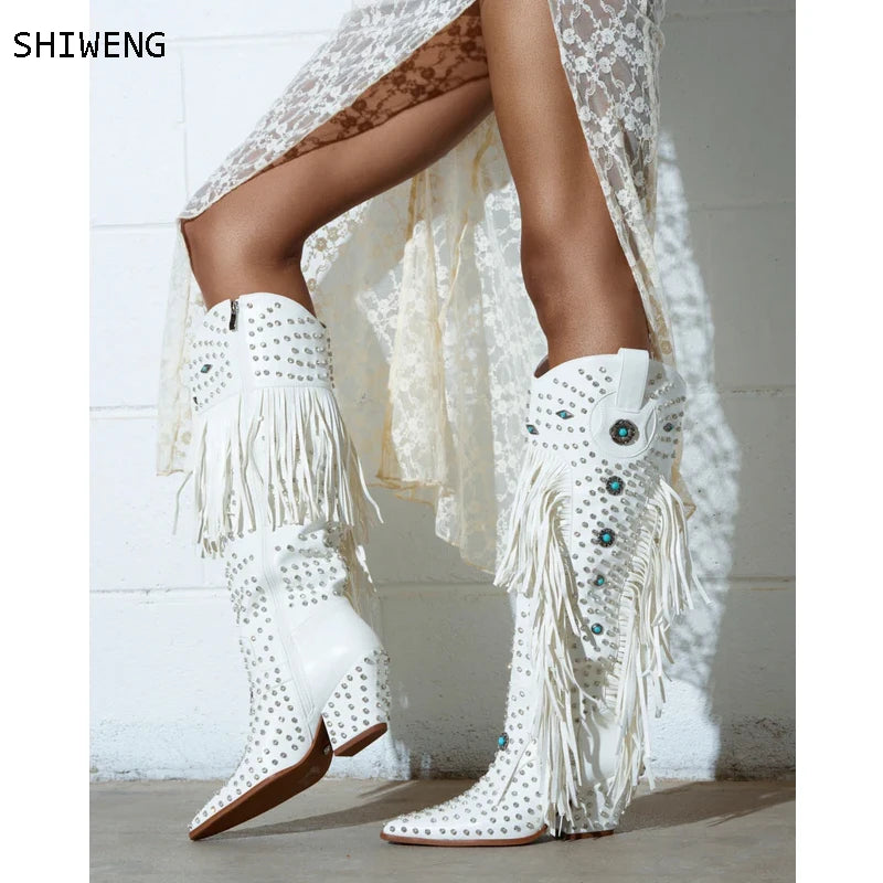 2025 Diamond Fringes Western Boots Women Sparkly Block High Heels Crystal Trim Shoes Ladies Winter Pointed Toe Knee High Boots