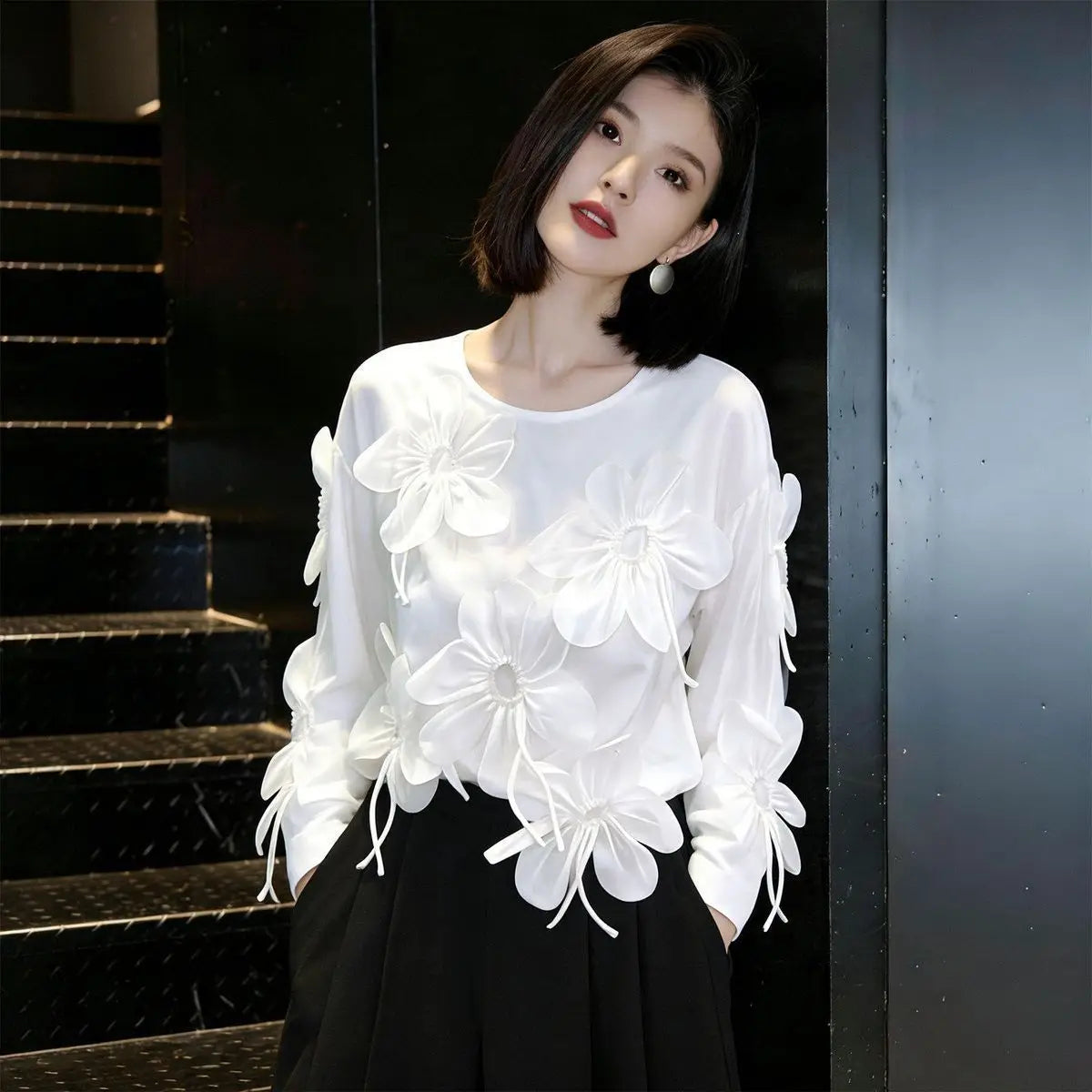 Three Dimensional Flower Lightweight Long Sleeve Top for Women