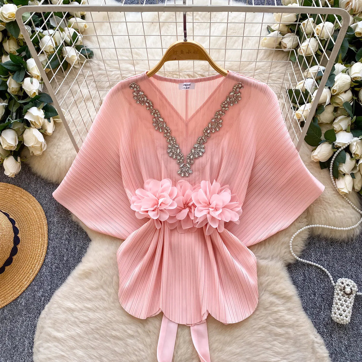 Diamond Embellished Batwing Sleeve Blouse for Women