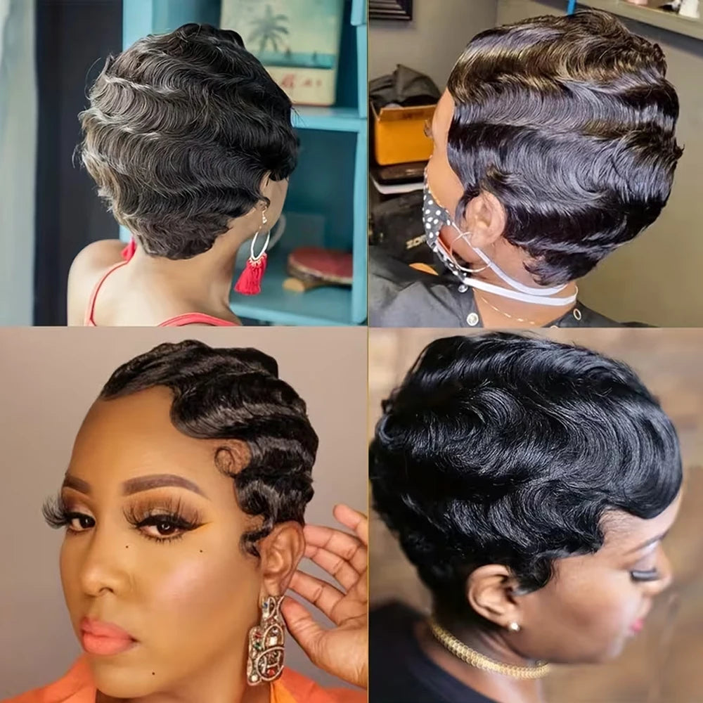 Short Finger Wave Premium Remy Human Hair Wig for Women
