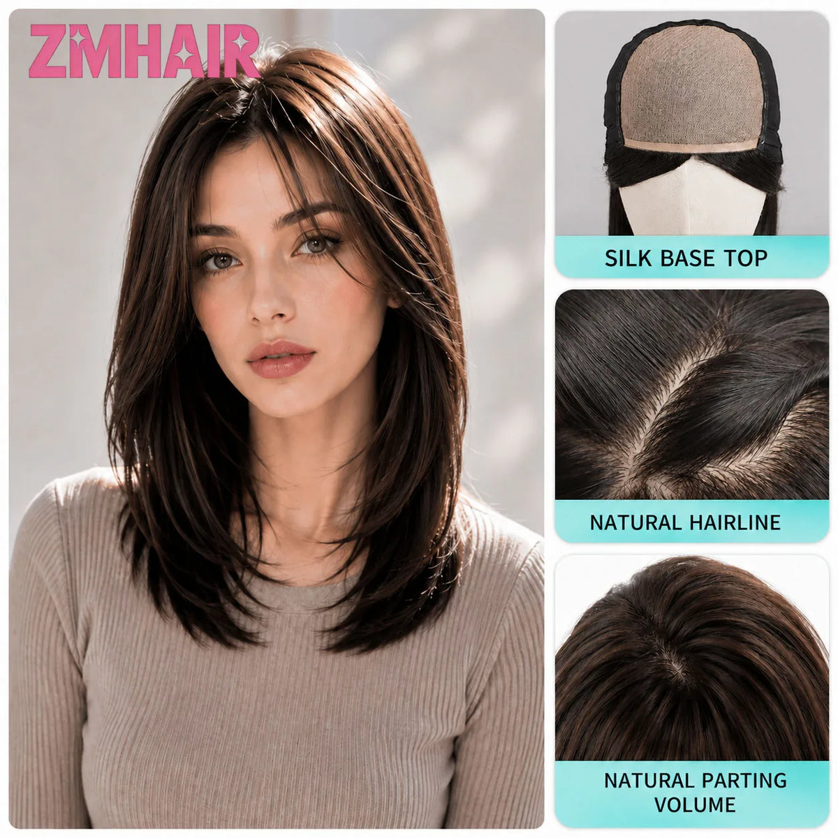 Natural Hairline Straight Layered Silk Top Wig For Women