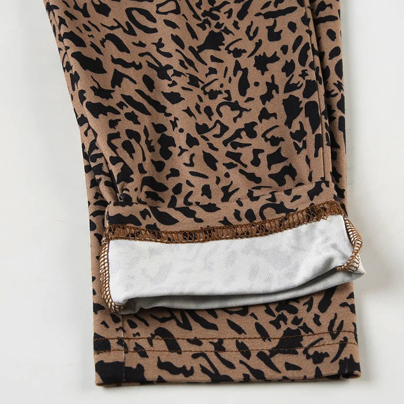 FAGADOER Fashion Leopard Print 2 Piece Sets Women Outfit Long Sleeve Crop Top + Low Waist Skinny Pants Suits Female Streetwear
