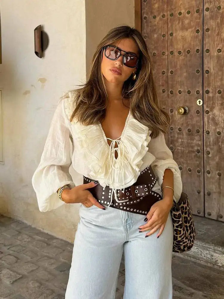 Elegant Retro V Neck Ruffle Trim Long Sleeve Top for Women
