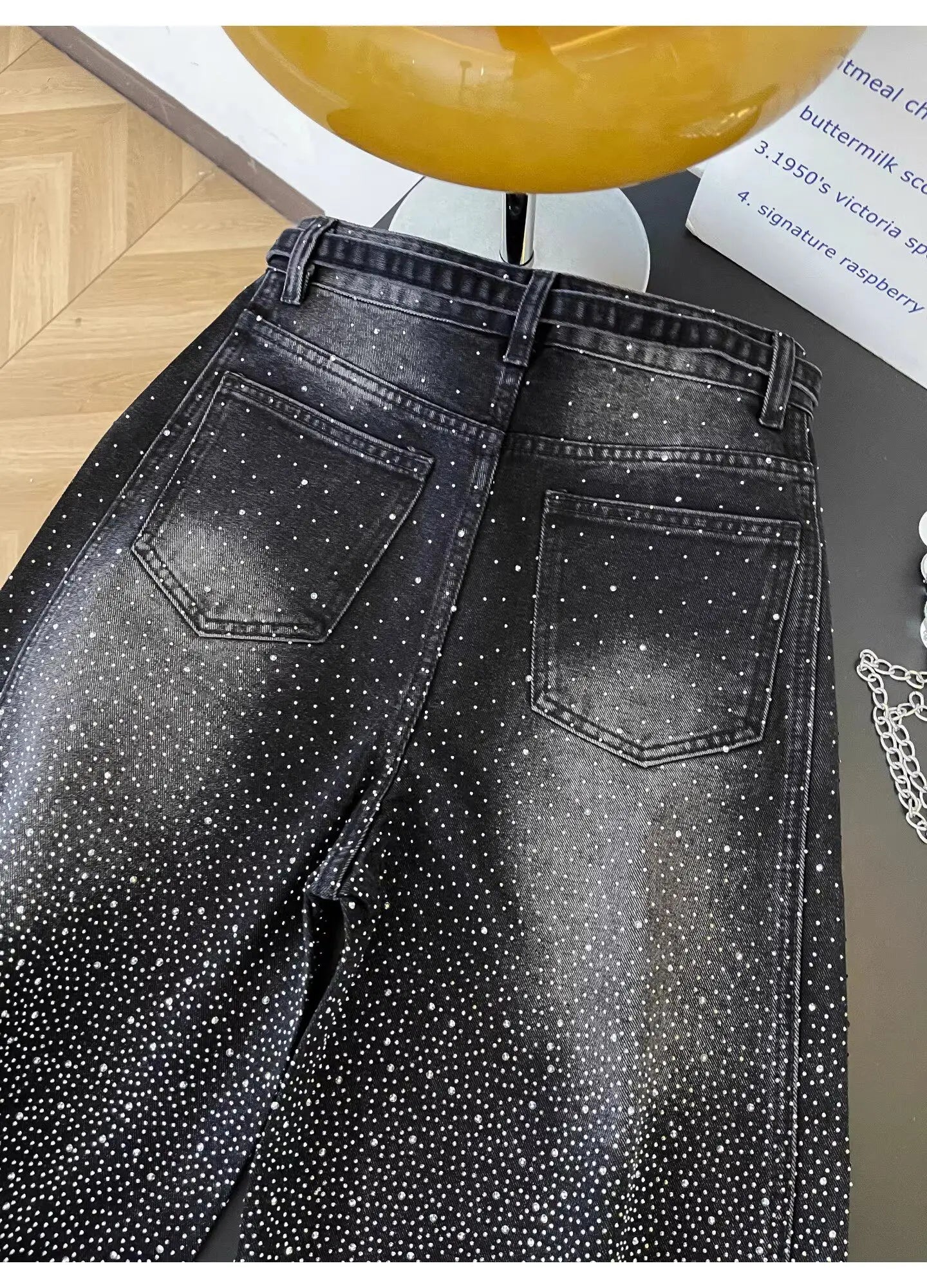 Glittering Rhinestone Wide Leg Denim Pants for Women