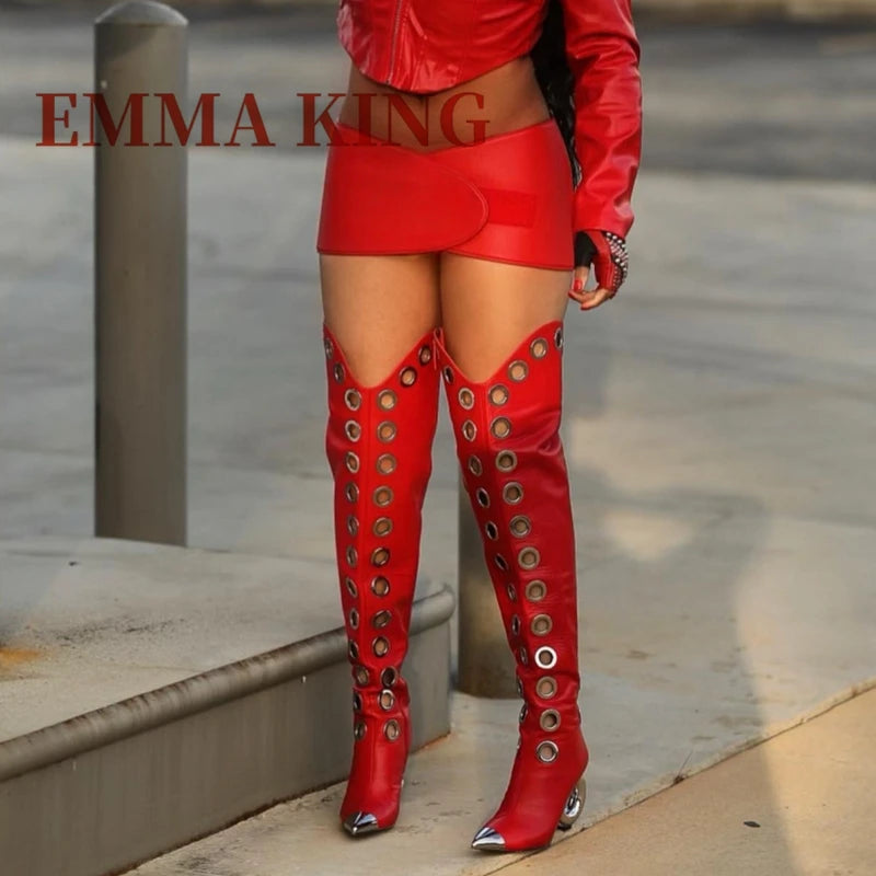 Metallic Eyelet Detail Over The Knee Boots for Women