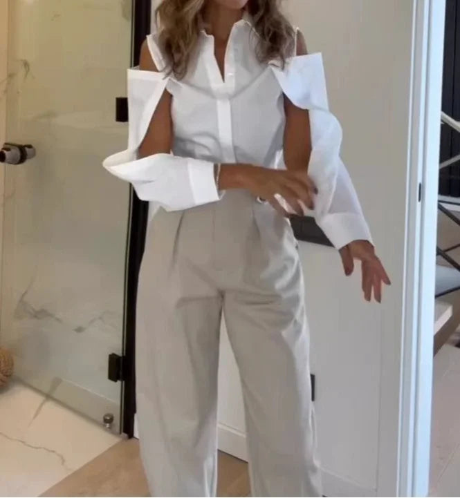 2 Piece Set Women Casual 2025 Spring Lapel Off Shoulder Shirt Tops & Fashion Pocket High Waist Straight Pants suit Streetwear
