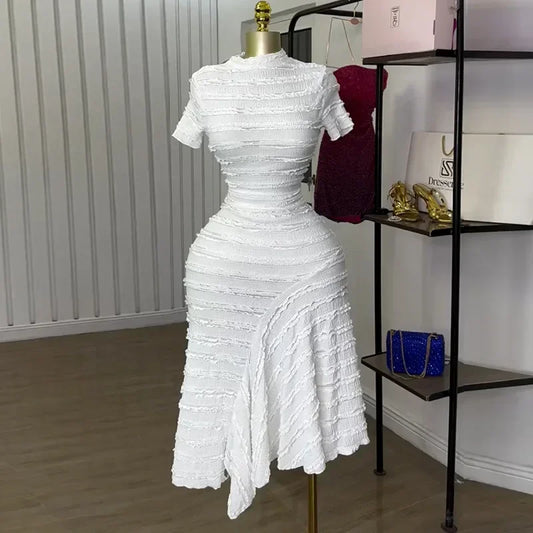 Women Short Sleeve O-neck Big Swing Elastic Dress 2025 Sweet Elegant Sexy Birthday Beach Night Party Vestidos Dresses