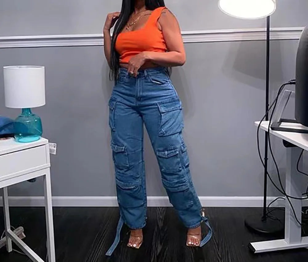 High-Waisted Loose-Fit Multi-Pocket Cargo Jeans for Women