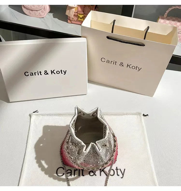 Crystal Shiny Diamonds Bucket Bag Fashion Women Handbag Metal Ring Handle Evening Bag Wedding Party Clutch Purse Crossbody Bag