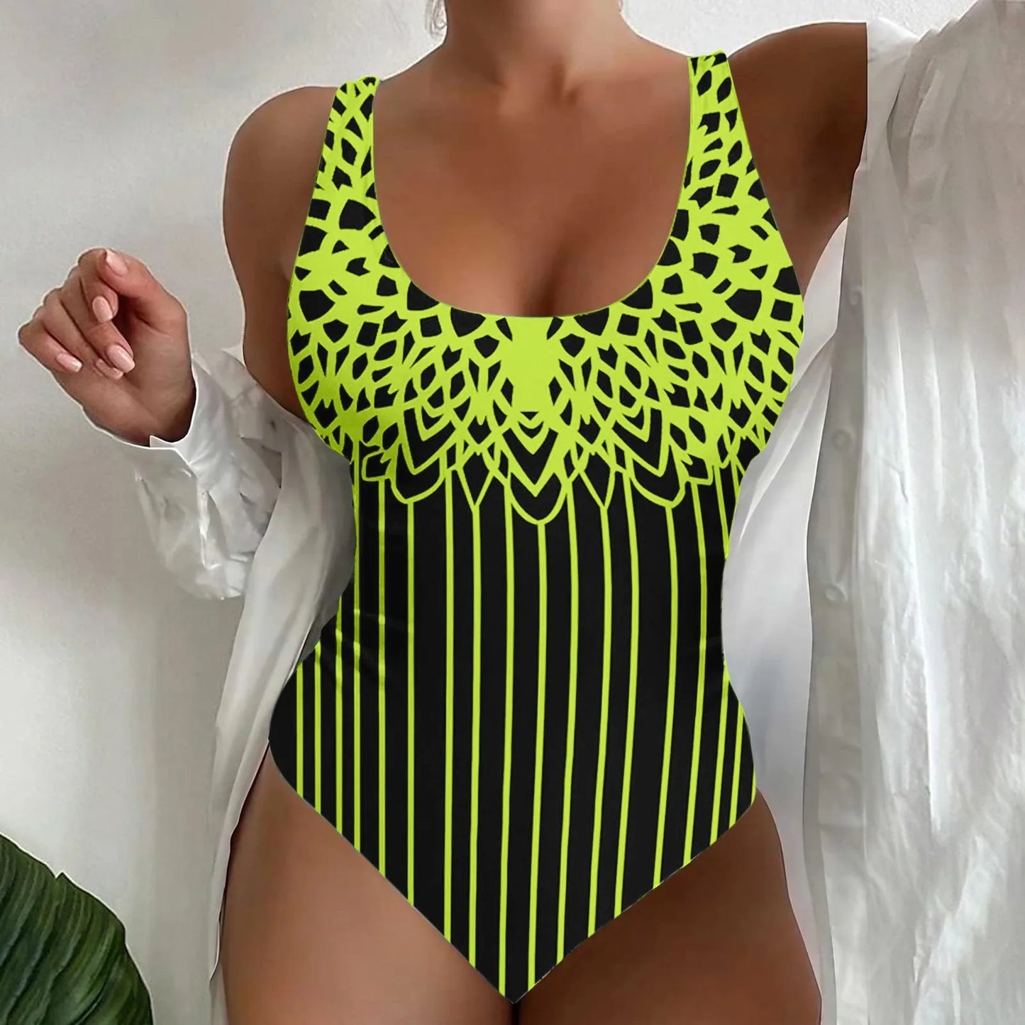 Plus Size U Neck Striped Print Figure Shaping Swimsuit for Women