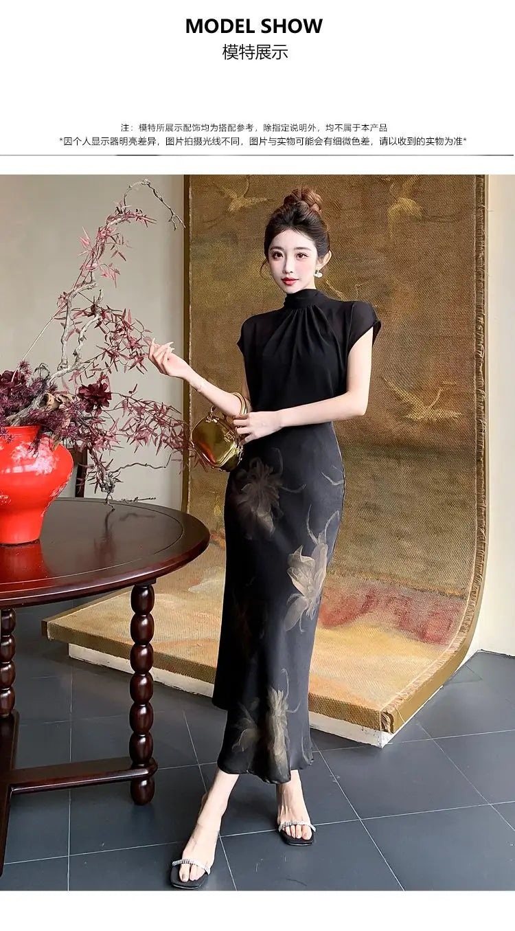 Chiffon Stand Collar Black Three Piece Set for Women