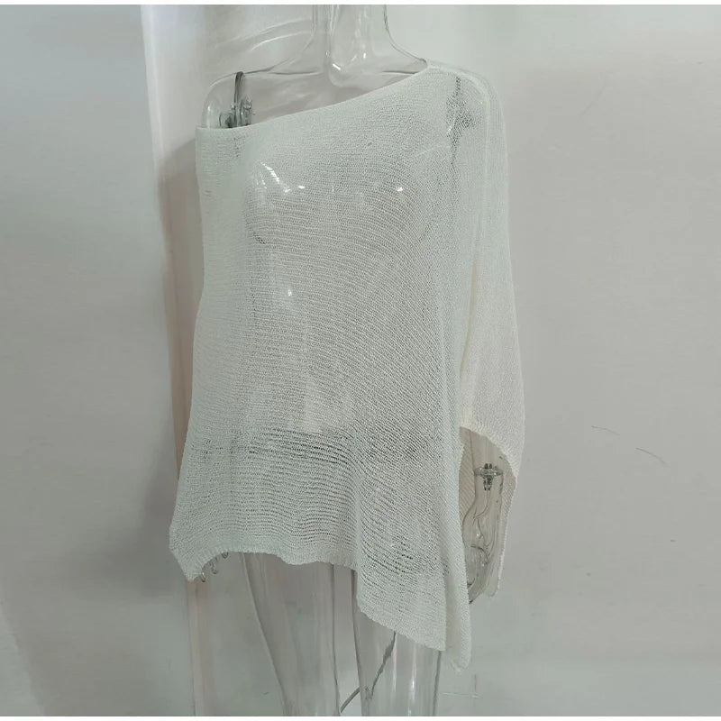 Sheer Knit O Neck Asymmetrical Loose Blouse for Women