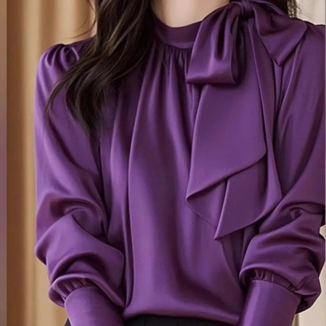 Elegant Purple Satin Blouse With Delicate Bow Accent For Women