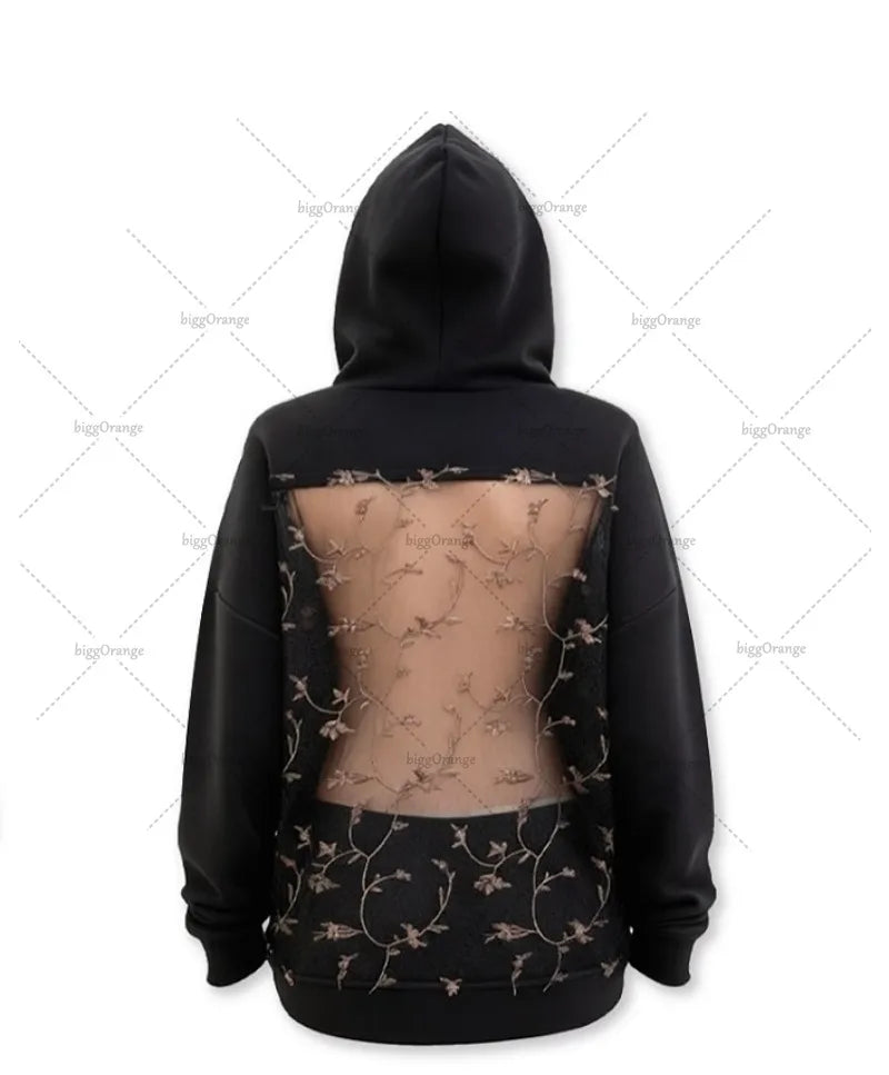 Oversized Gothic Mesh Cotton Hoodie