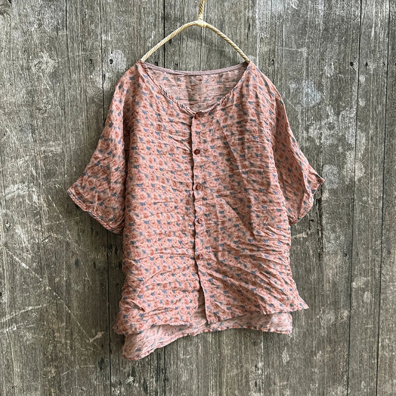 Casual Floral Print Loose Linen Relaxed Fit Shirt for Women