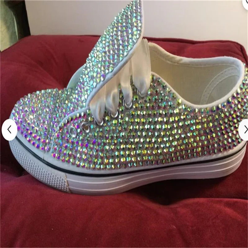 Handcrafted Rhinestone Lace-Up Canvas Wedding Shoes for Women