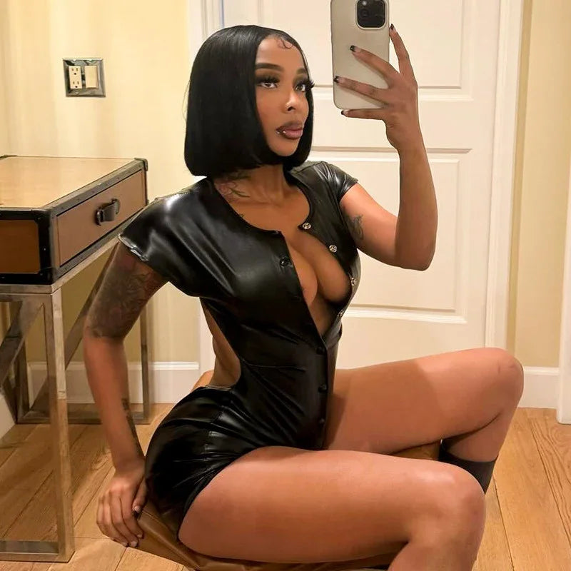 Sexy Polyurethane Leather Jumpsuit With Front Zip for Women