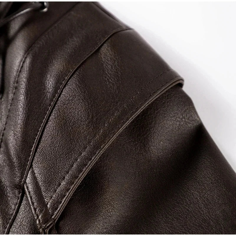 Women Leather Bomber Jackets Coats With Belt Notched Shoulder Pads Motorcycle Street Chic Short Outwear Fashion Solid Lace Up