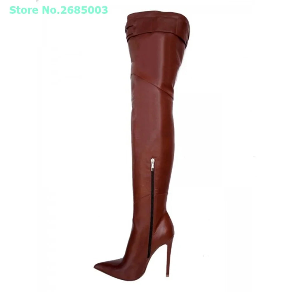 Pointed Toe Solid Leather Over The Knee Boots For Women