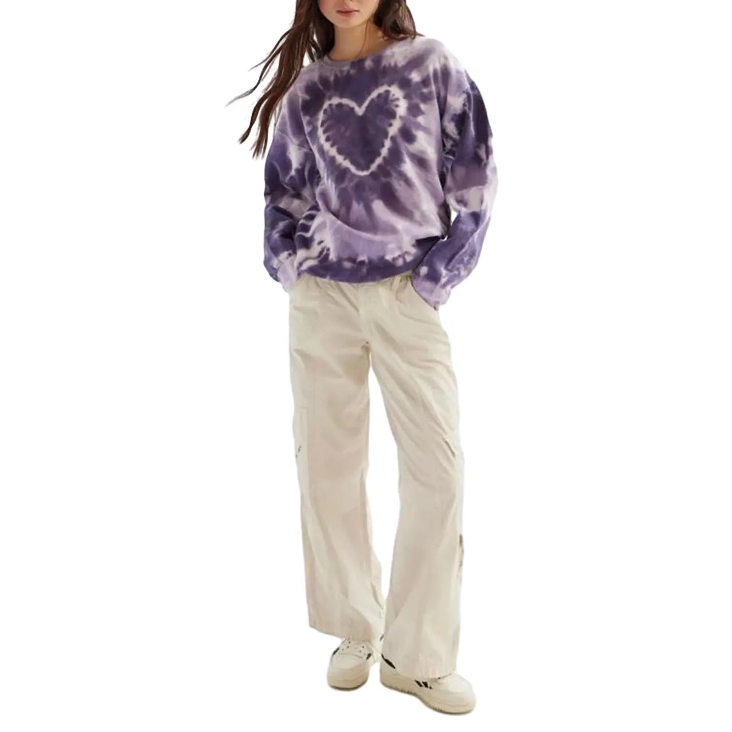 Women's Spring and Autumn Loose Heart Tie Dye Round Neck Sweatshirt Long Sleeve Heart Tie Dye Printed Round Neck Sweatshirt