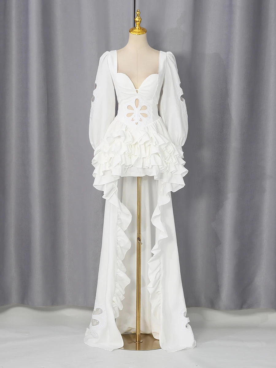 White Floral Cutout Puff Sleeve Gown With Asymmetric Train for Women