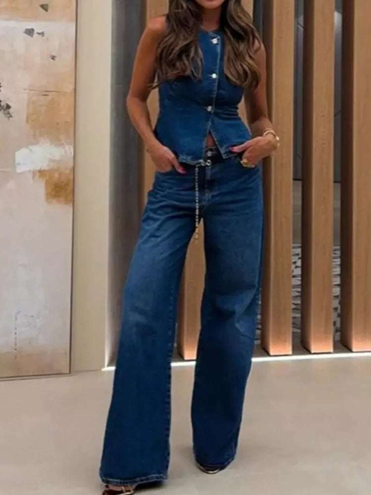 New Denim Style Spring Summer Wide Leg Pants, Women Holiday High Waist Simple Pants, 2025 Pocket Patchwork Solid Ladies Trousers