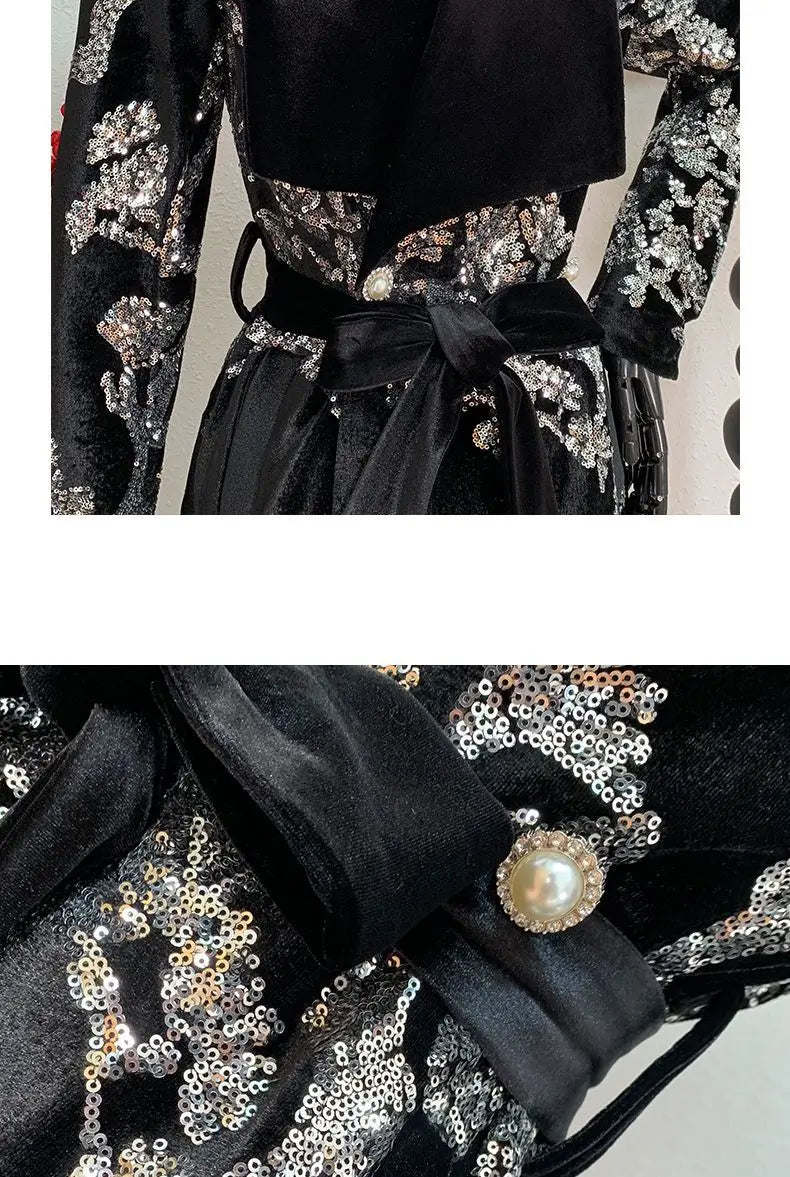 Adjustable Waist Windbreaker Coat Autumn/Winter New Sequins Trench Coat, Women's Coat, English Style Overcoat